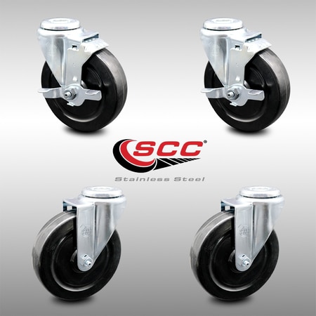 SERVICE CASTER 5 Inch SS Hard Rubber Wheel Swivel Bolt Hole Caster Set with 2 Brakes SCC SCC-SSBH20S514-HRS-2-TLB-2